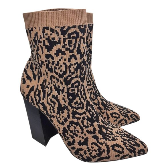 Vince Camuto Leopard Print Knit Sock Booties Pointed Toe Block Heel Boots SZ 8 - Picture 1 of 10